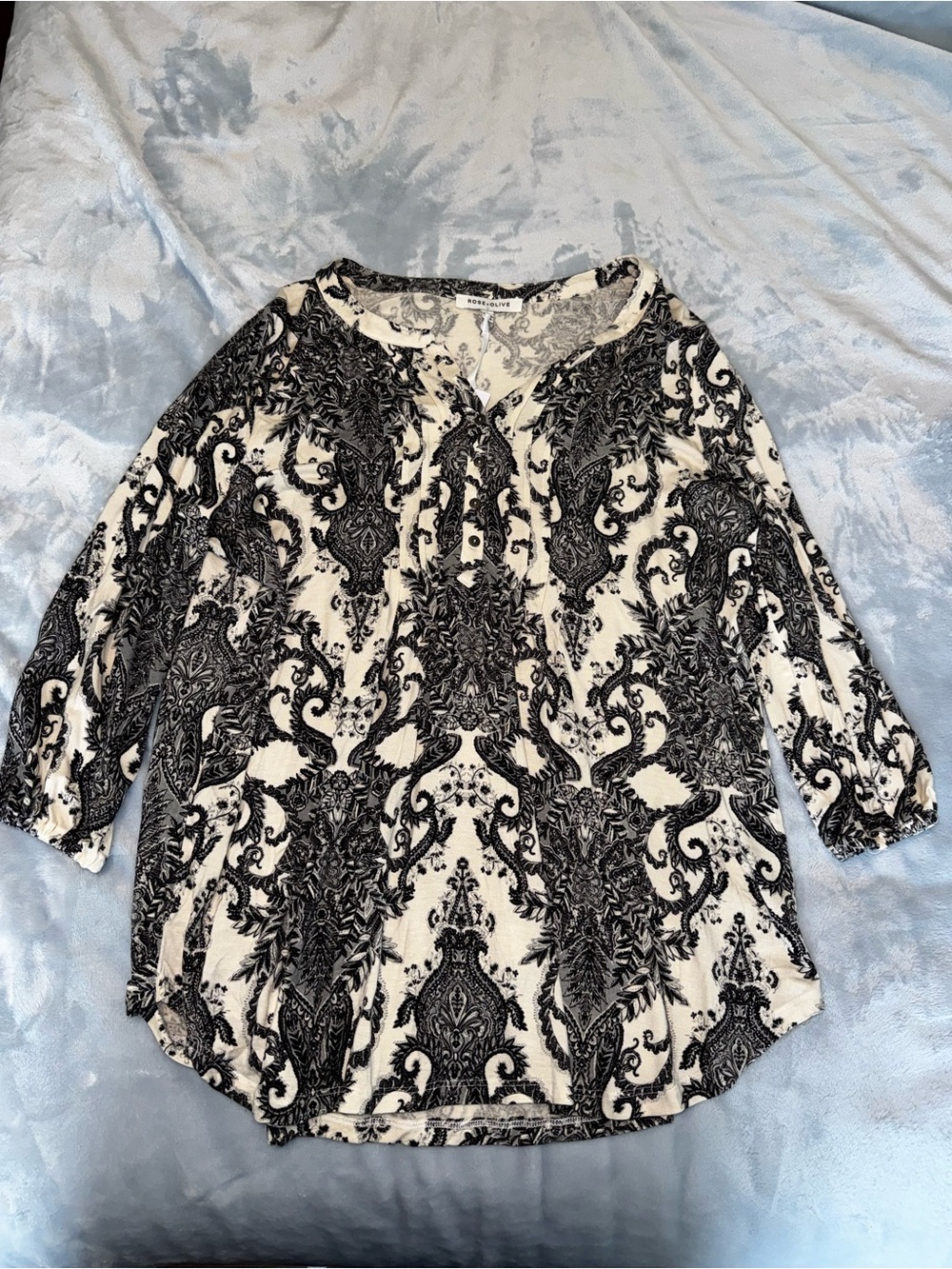 Rose & Olive Black and White Paisley Henley Tunic